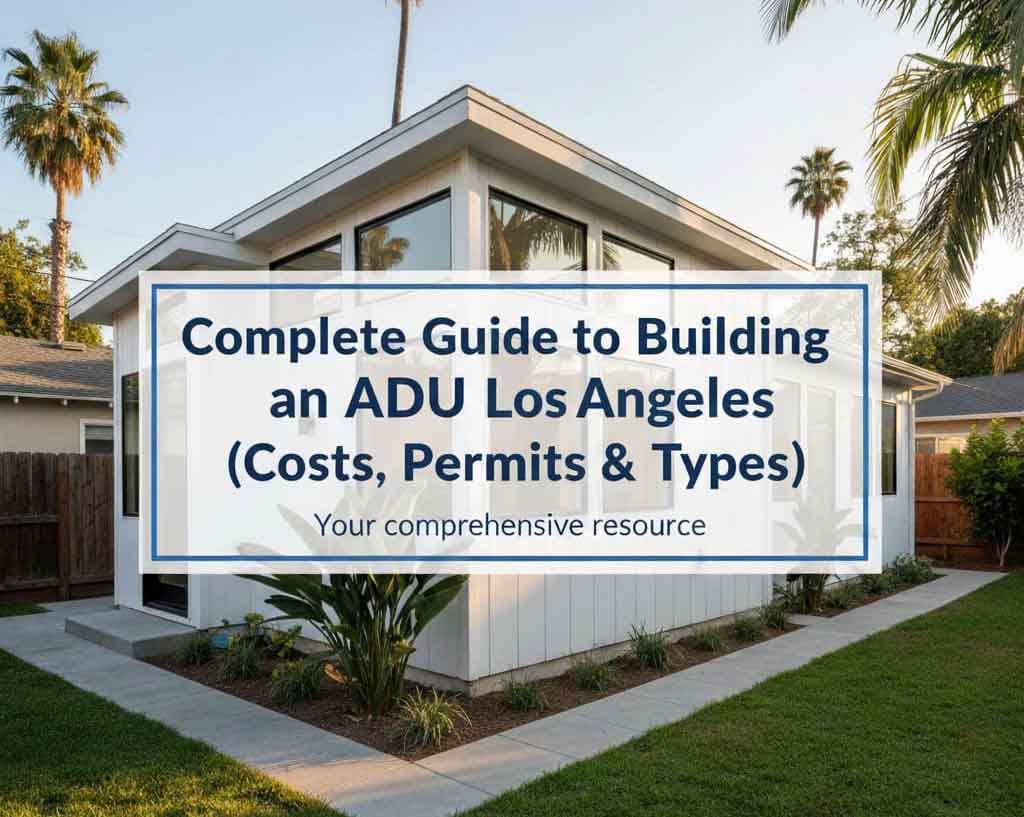 Modern ADU construction in a Los Angeles backyard with contractors at work