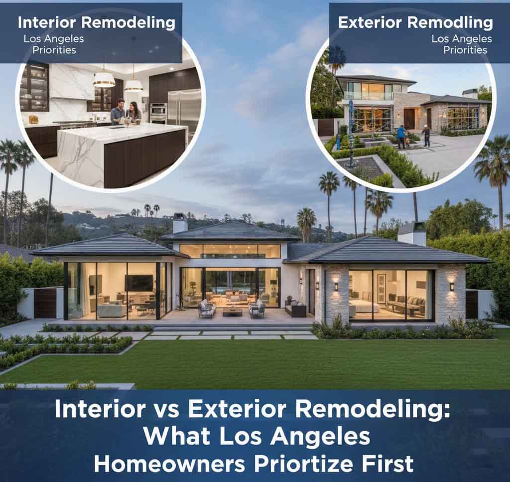 Los Angeles home exterior and interior comparison showing renovation options